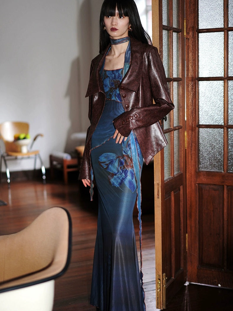 Off Shoulder Flower Printed Mesh Slim Maxi Dress