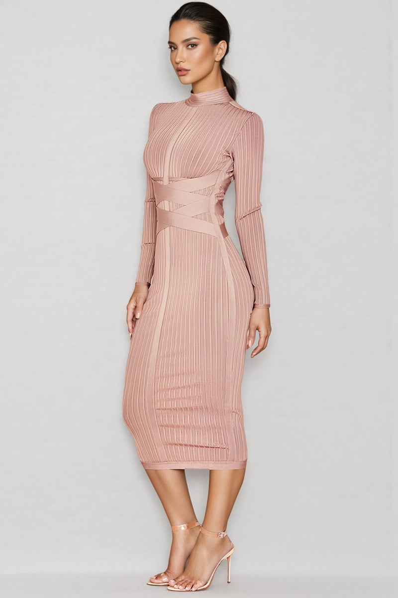 Layra Colour Stand Collar Midi Dress-brown