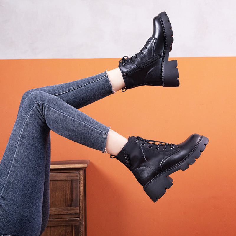 Cowhide Autumn Flat Ankle Retro Round Toe Martin Boots
