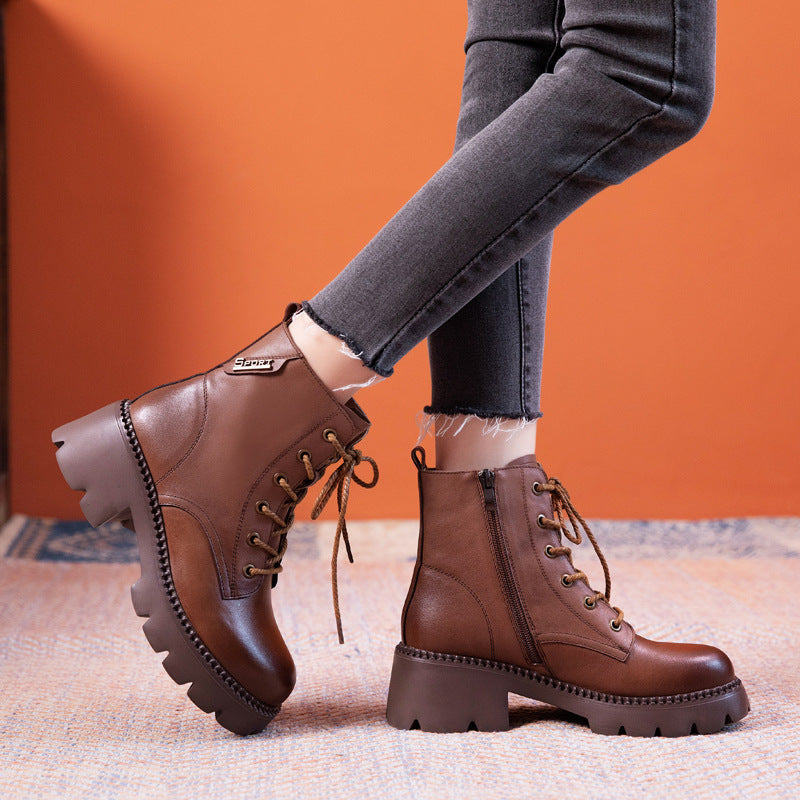 Cowhide Autumn Flat Ankle Retro Round Toe Martin Boots