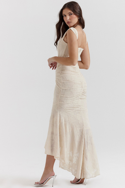 Octavie Ruched Corset Maxi Dress in Beige