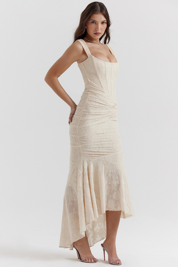 Octavie Ruched Corset Maxi Dress in Beige