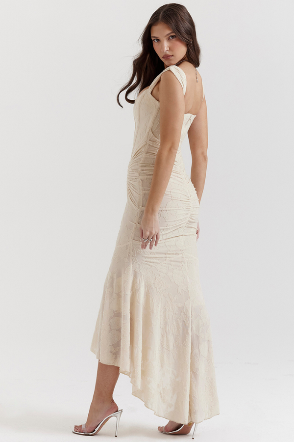 Octavie Ruched Corset Maxi Dress in Beige