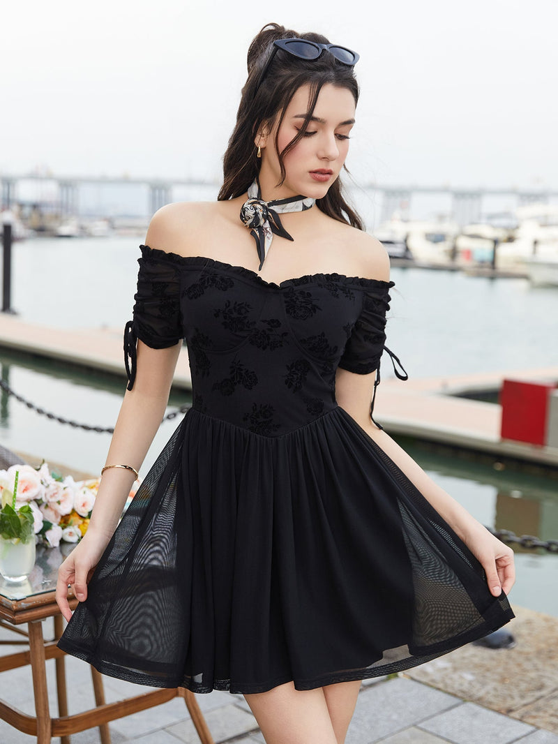 Off Shoulder Drawstring Cuffs Mesh Dress