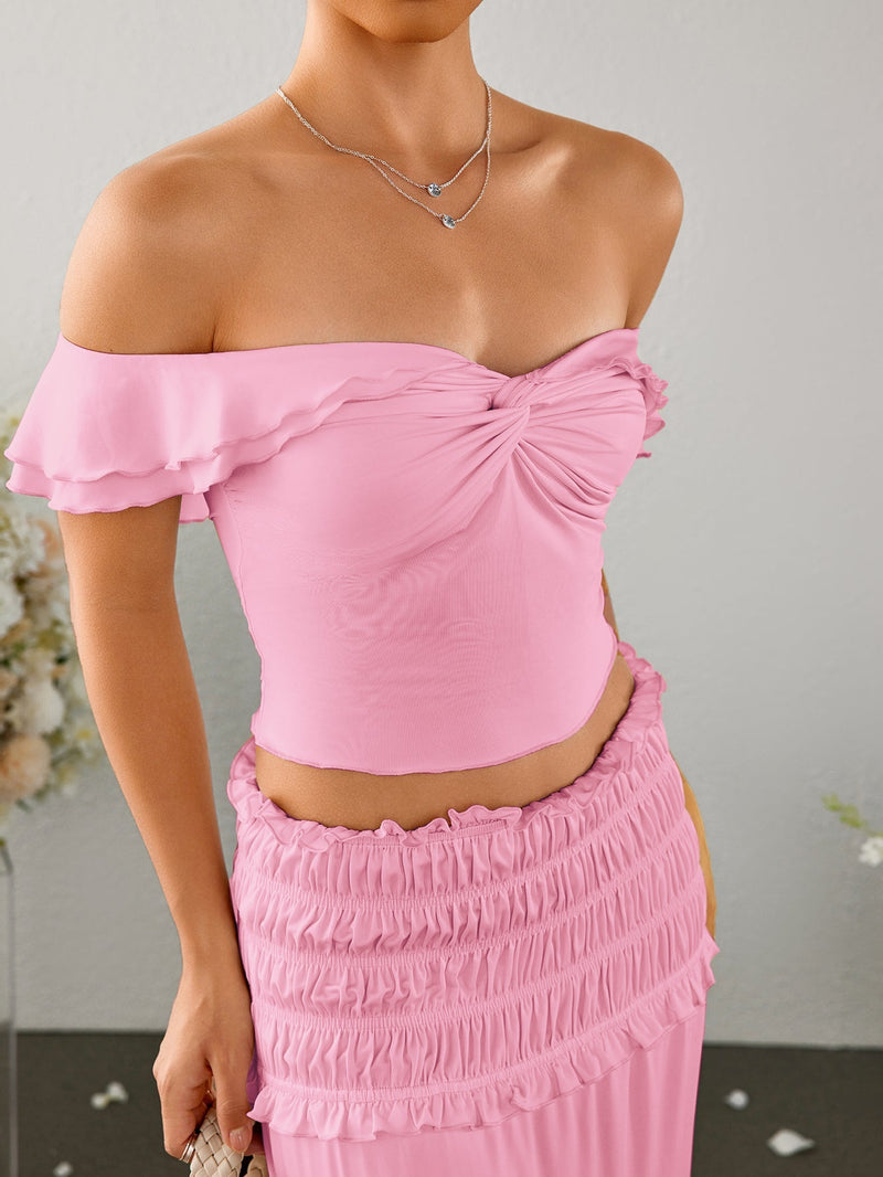 Off Shoulder Ruched Twist Front Top&ruffle Low Waist Skirt