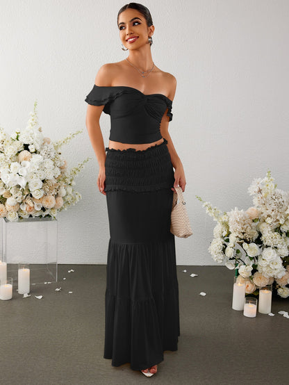 Off Shoulder Ruched Twist Front Top&ruffle Low Waist Skirt
