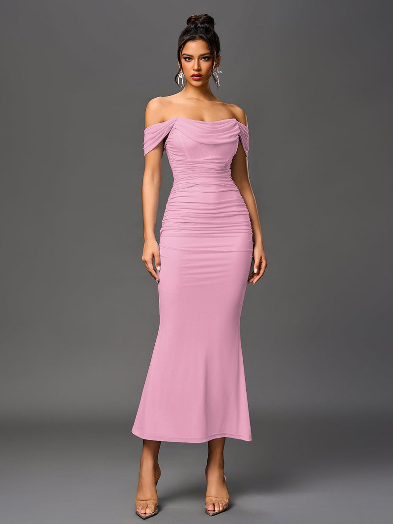 Off Shoulder Ruched Zipper Back Bodycon Dress