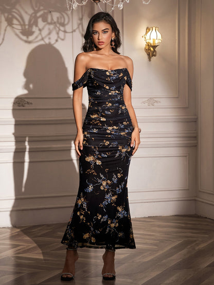Ruched Off Shoulder Zipper Back Bodycon Dress