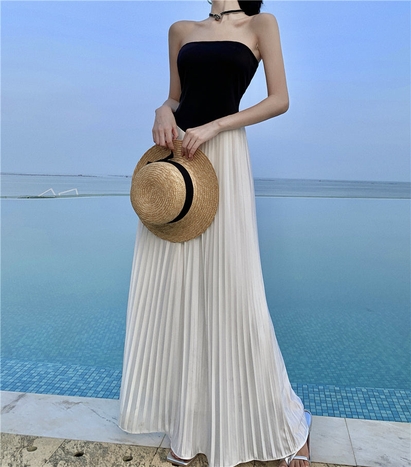 Off-shoulder Pleated Maxi Dress _ Flowing Summer Outfit