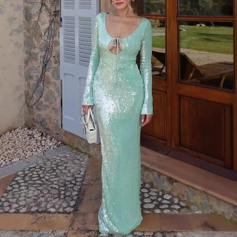 Sequins Maxi Dress for Formal Occasions - Long Sleeve Wedding and Christmas Party Dress