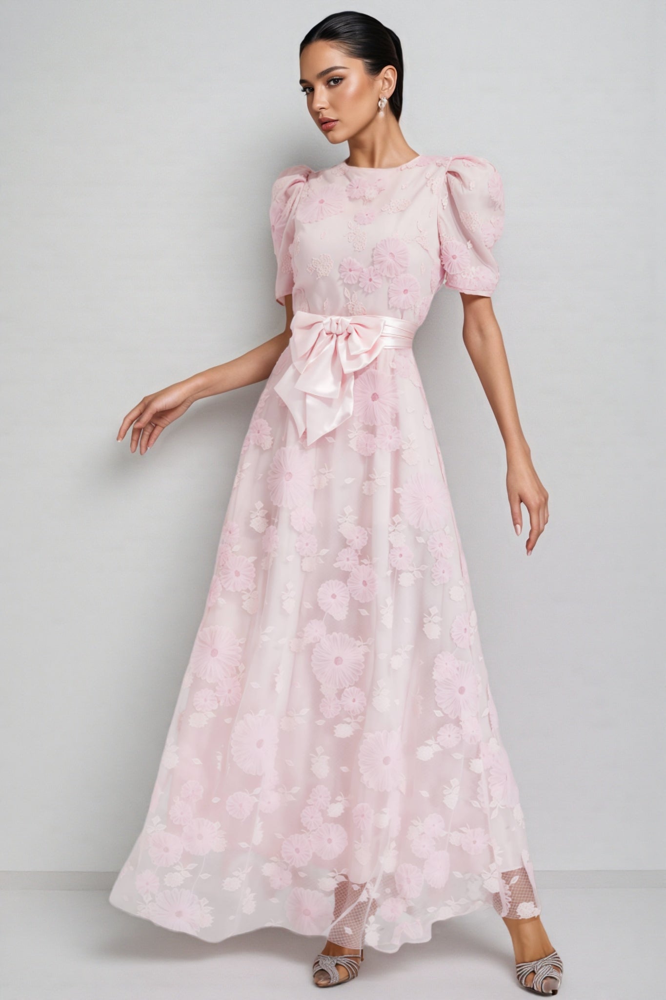 Yelen Pink Bow 3d Flower Maxi Dress