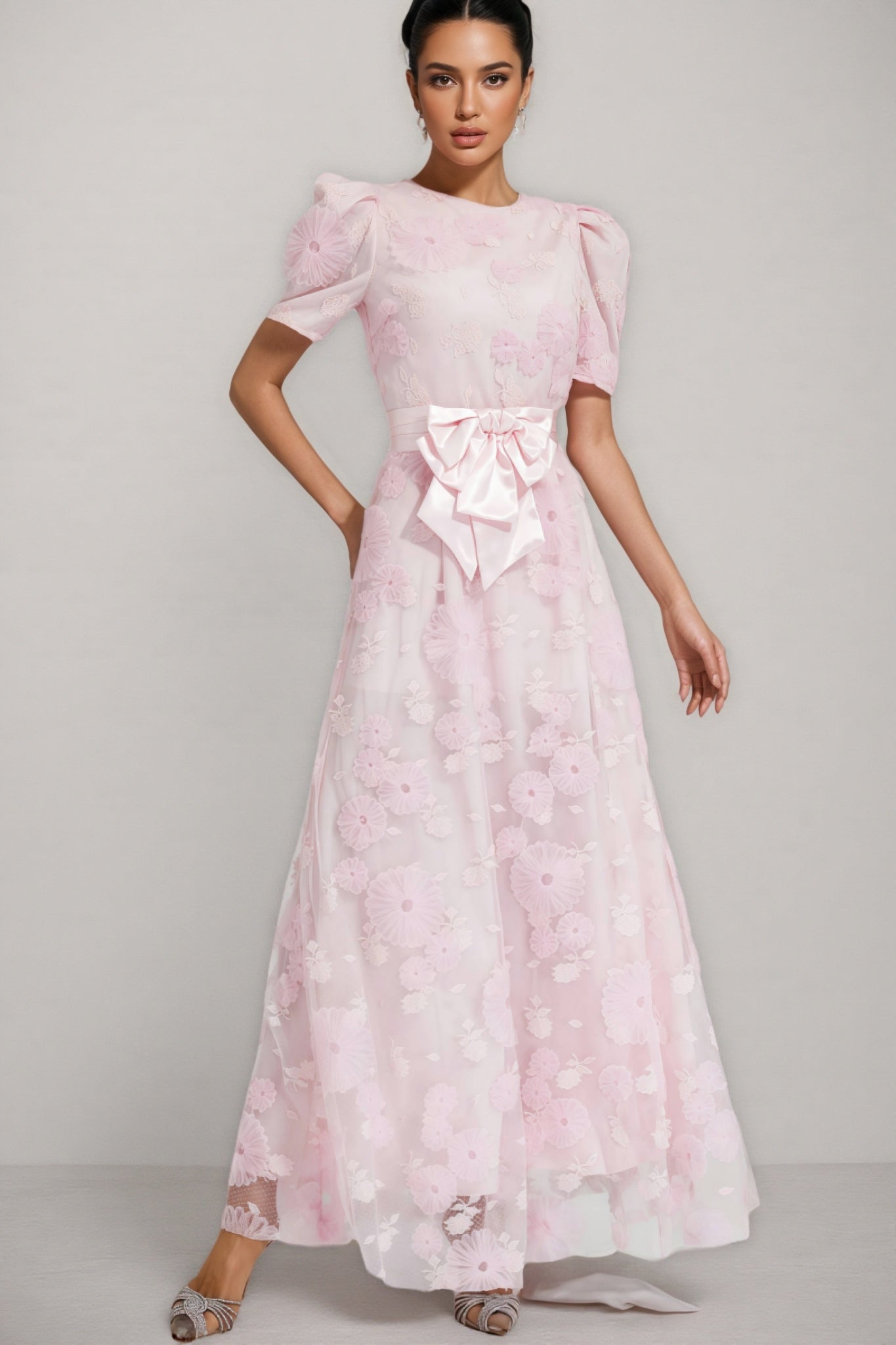 Yelen Pink Bow 3d Flower Maxi Dress