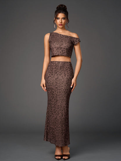 One Shoulder Draped Tie Backless Top&mesh Print Bodycon Skirt