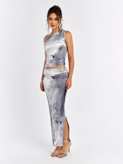 One Shoulder Ruched Top&ruched Bodycon Skirt