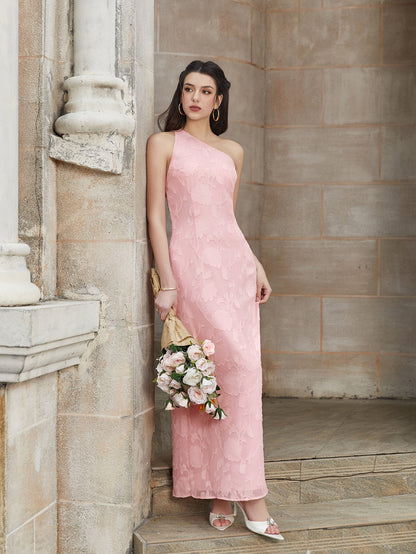 One Shoulder Tie Back Backless Jacquard Long Dress