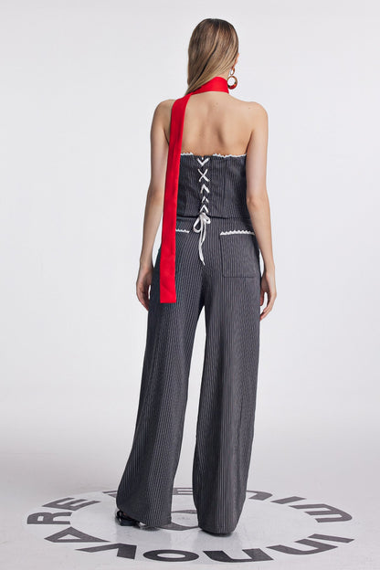 Oorja Strapless Lace Stripe Pants Set