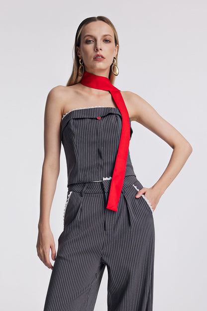 Oorja Strapless Lace Stripe Pants Set