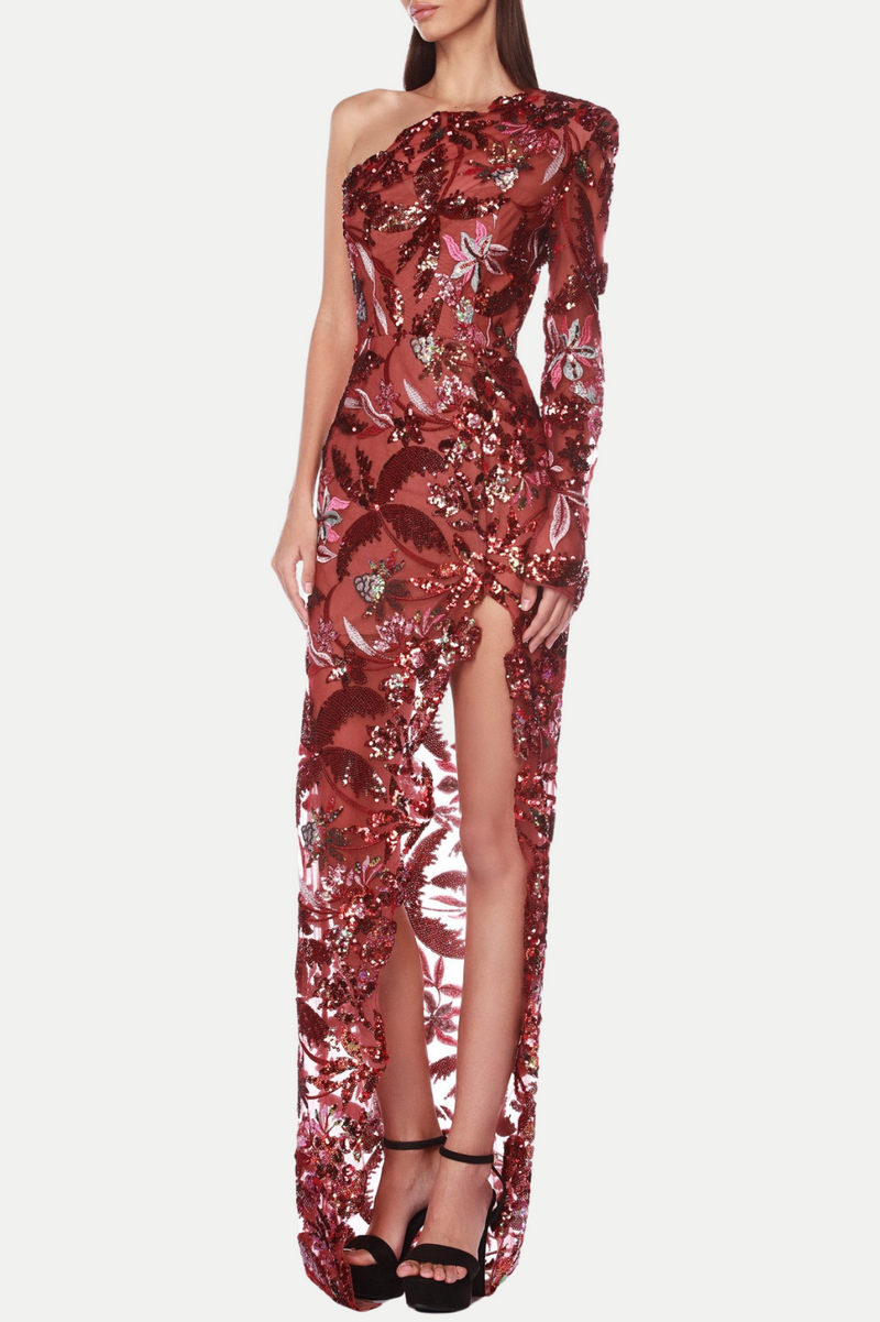 Opal Sequin Embroidered One Shoulder Midi Dress - Red