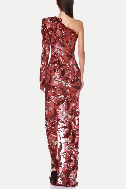 Opal Sequin Embroidered One Shoulder Midi Dress - Red