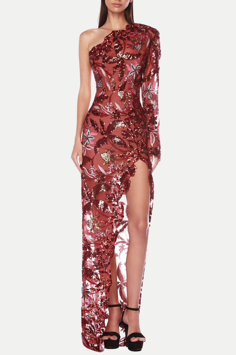 Opal Sequin Embroidered One Shoulder Midi Dress - Red