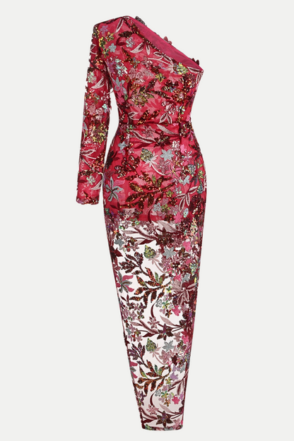 Opal Sequin Embroidered One Shoulder Midi Dress - Red
