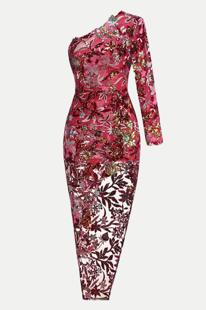 Opal Sequin Embroidered One Shoulder Midi Dress - Red
