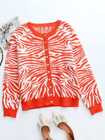 | Tiger Year Animal Patterned Knit Cardigan - Orange