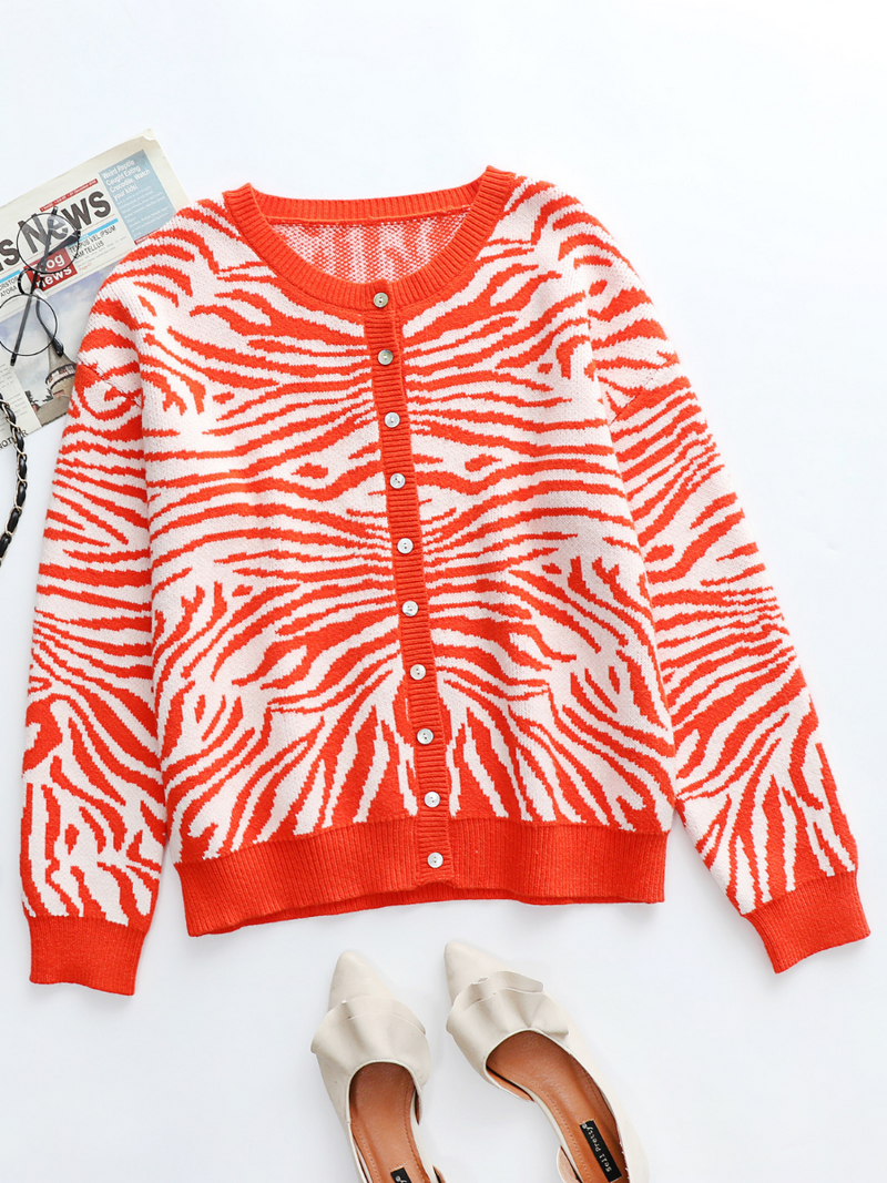 | Tiger Year Animal Patterned Knit Cardigan - Orange