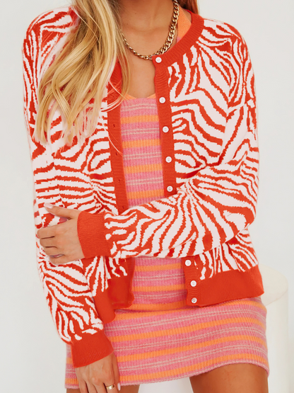 | Tiger Year Animal Patterned Knit Cardigan - Orange