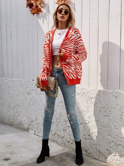 | Tiger Year Animal Patterned Knit Cardigan - Orange