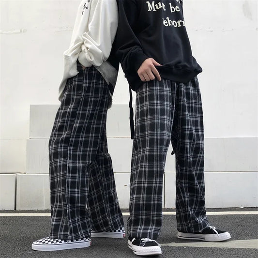 Oversize Pants Sweatpants Summer Black Plaid Pants Elastic Waist Pockets Student Trousers