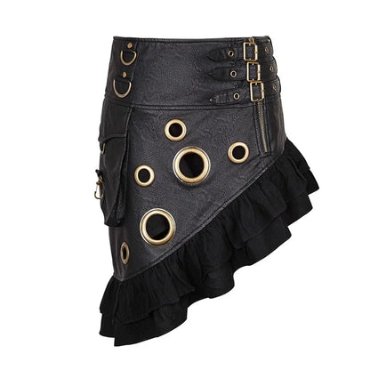 Steam Flounce Kilt Texture Coarse-grain Pu Leather Symmetrical Rock Knee Length Party Skirt