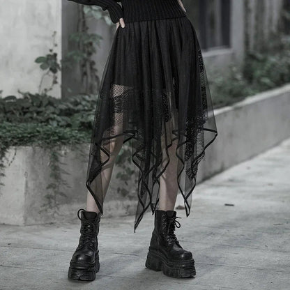 Gothic Mesh Irregular Female Black Lace Hollow Out Summer Skirt
