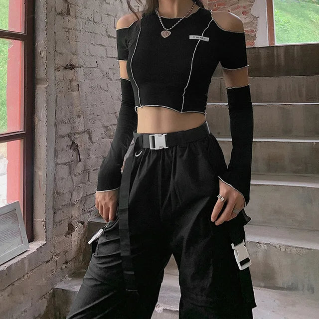 Patchwork Black T-shirts Gothic One Shoulder Sleeve Crop Tops Ruffles Hem Hip Hop Techwear Tees
