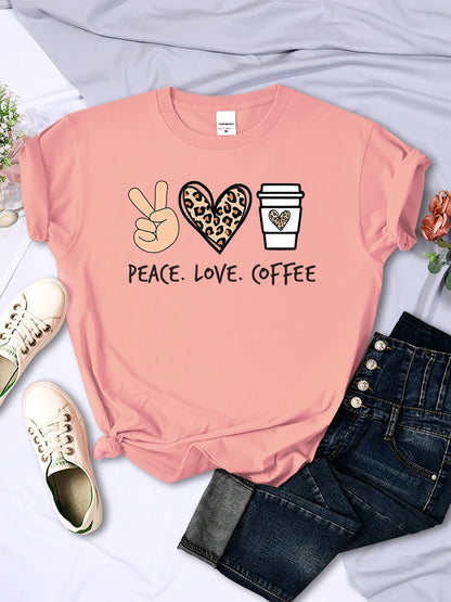 Peace Love Coffee Prints Tshirts Cotton T-shirts Brand Breathable Tees Shirts Street O-neck Tshirt for