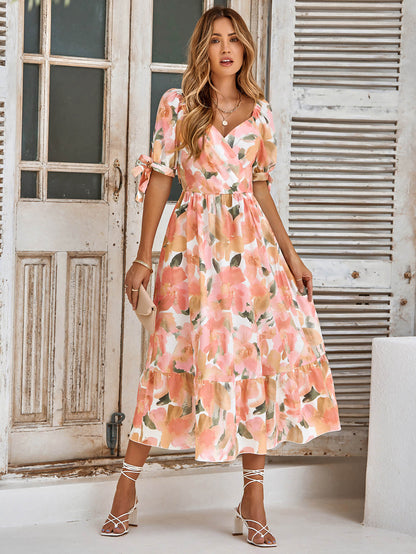 Tanya Painting Short Sleeve Maxi Dress - Peach