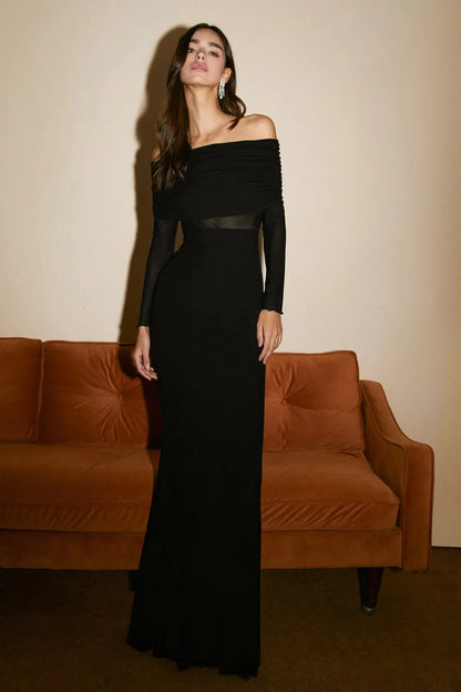 Persia Black Overfold Off-shoulder Mesh Long Sleeve Maxi Dress