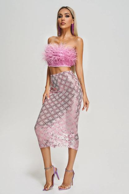 Philippa Pink Strapless Feather Top and Sequin Silt Skirt