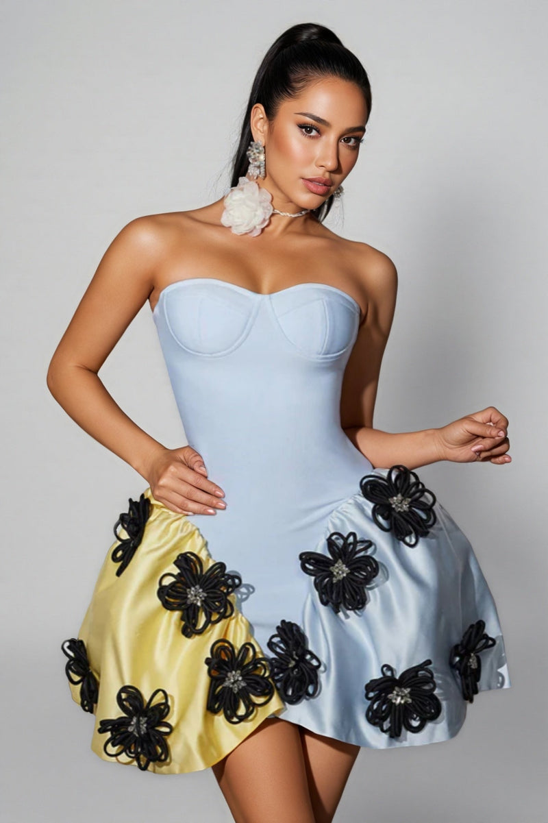 Roland Strapless Flower Bandage Mini Dress