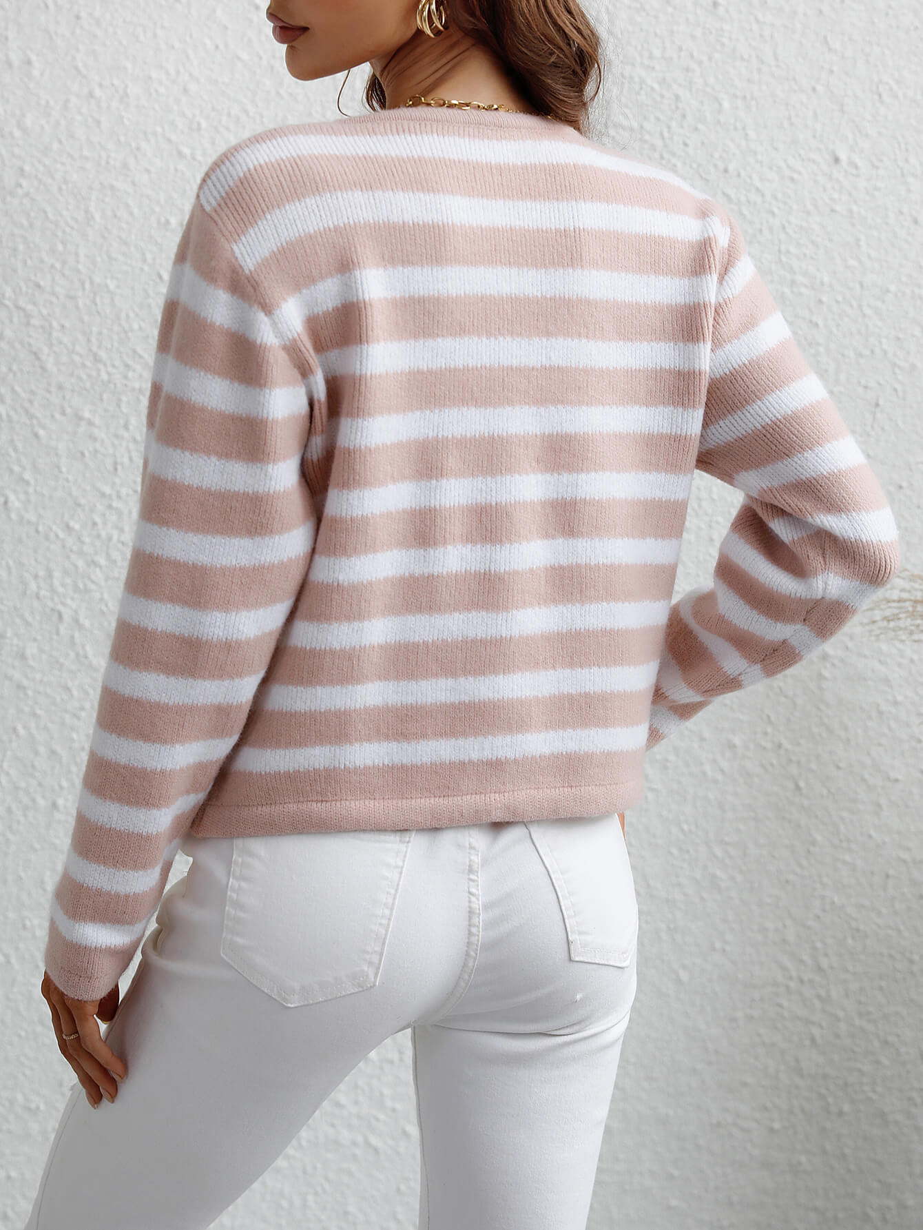 Stripe Pocket Button Up Knit Cardigan - Pink