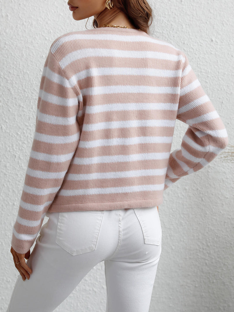 Stripe Pocket Button Up Knit Cardigan - Pink