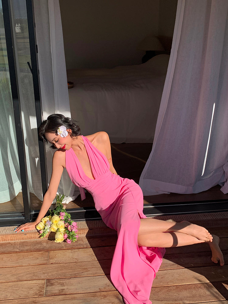Pink Ruched Halter Maxi Dress _ Soft & Feminine Summer Look