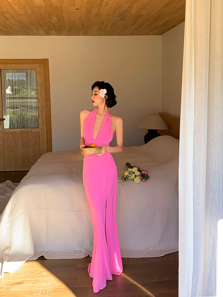 Pink Ruched Halter Maxi Dress _ Soft & Feminine Summer Look