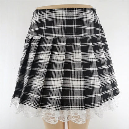 Plaid New Contrast Lace Pleated Skater Clothes Harajuku Gothic England Style Y2k Skirt