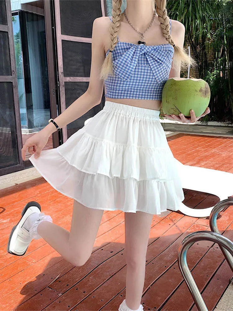 Dressbetty - Pleated White Ruffles Preppy Style Summer Skirt