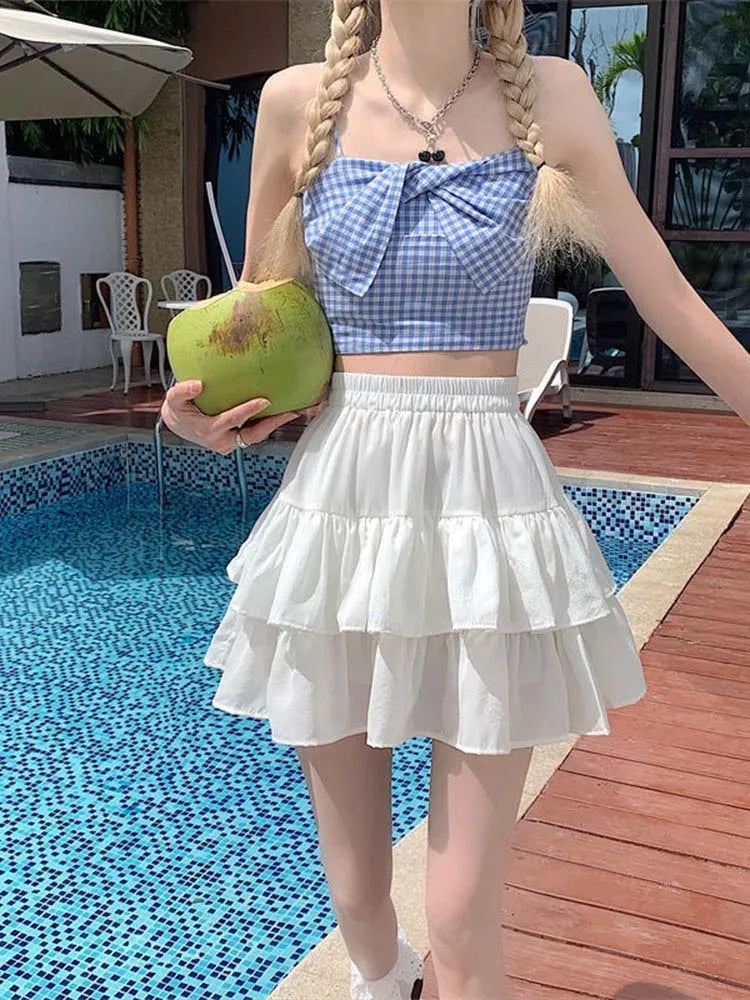 Dressbetty - Pleated White Ruffles Preppy Style Summer Skirt