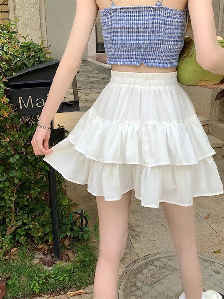 Dressbetty - Pleated White Ruffles Preppy Style Summer Skirt