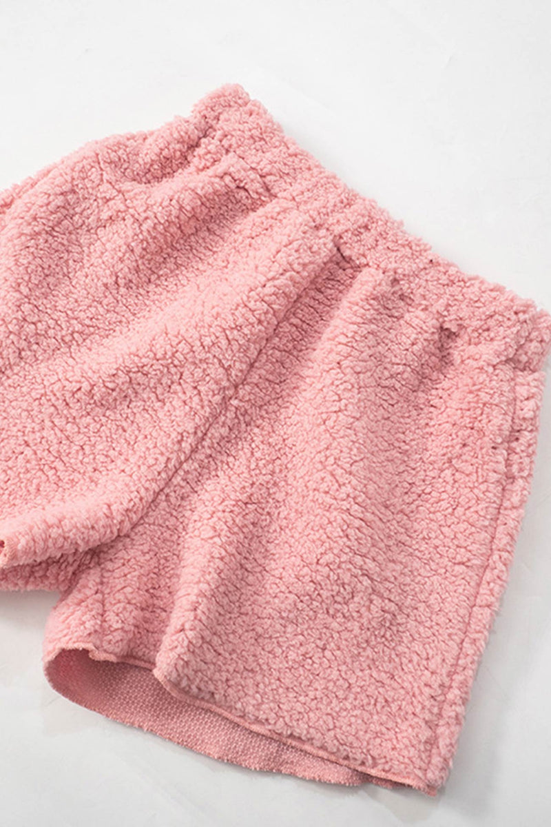 Plush Drawstring Crop Hoodie Shorts Set