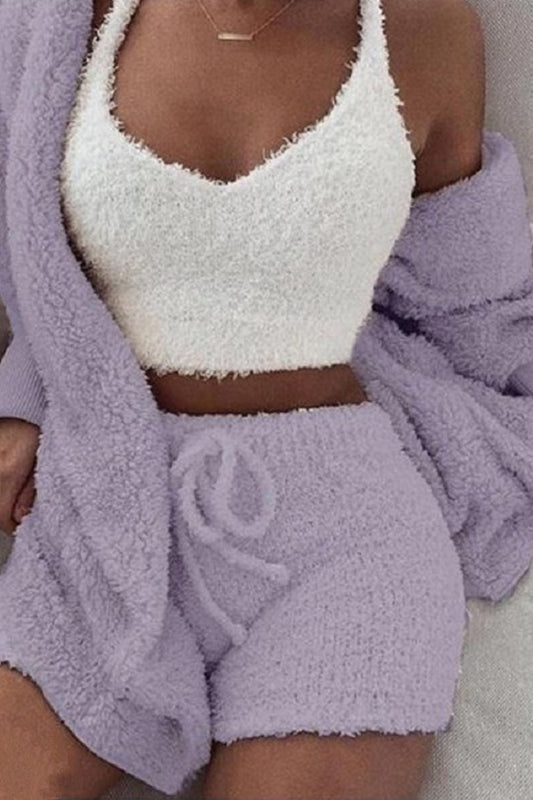 Plush Open-front Hoodie Vest Three Piece Shorts Set