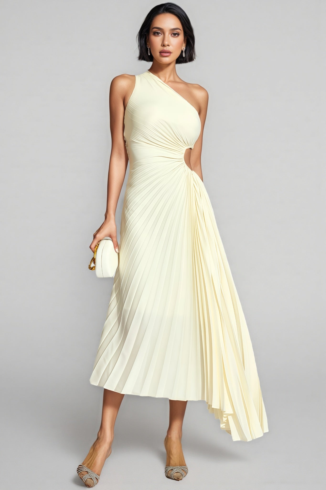 Symons Beige One Shoulder Pleated Maxi Dress